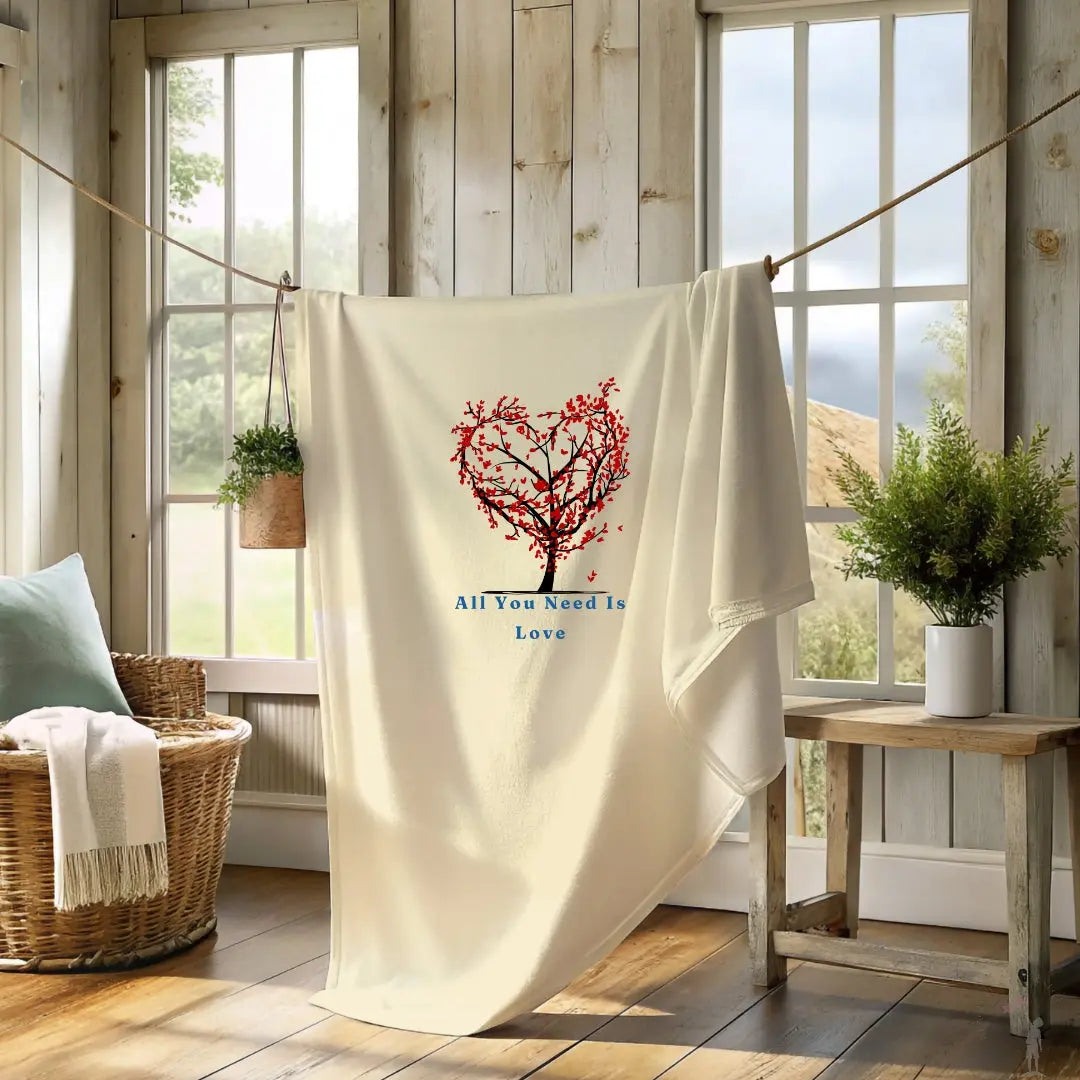 Couple sharing the All You Need Is Love cozy Valentine’s Day blanket outdoors on picnic.