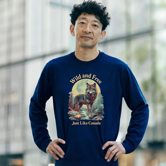 Stylish long-sleeve shirt with Canada Wild and Free print, celebrating the beauty and freedom of Canada’s outdoors.