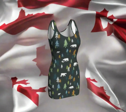 Canadian dress Bodycon Dress with bears and pines design from Reach Love Connect Boutique