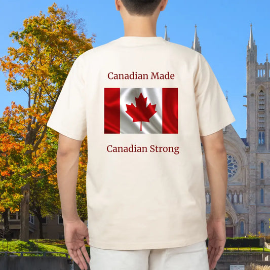 Canadian Made Strong tee showcasing national pride, unisex fit, and medium-weight cotton comfort.