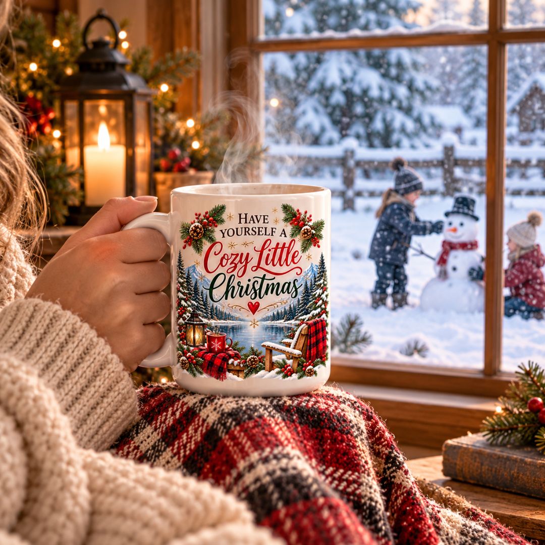 Woman with Cozy Little Christmas Mug and children playing outside in the snow