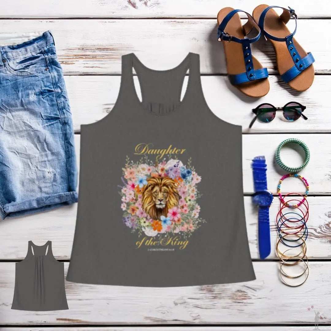 Grey Empowered by Faith tank top featuring inspiring Daughter of the King text, lightweight and comfortable for daily wear