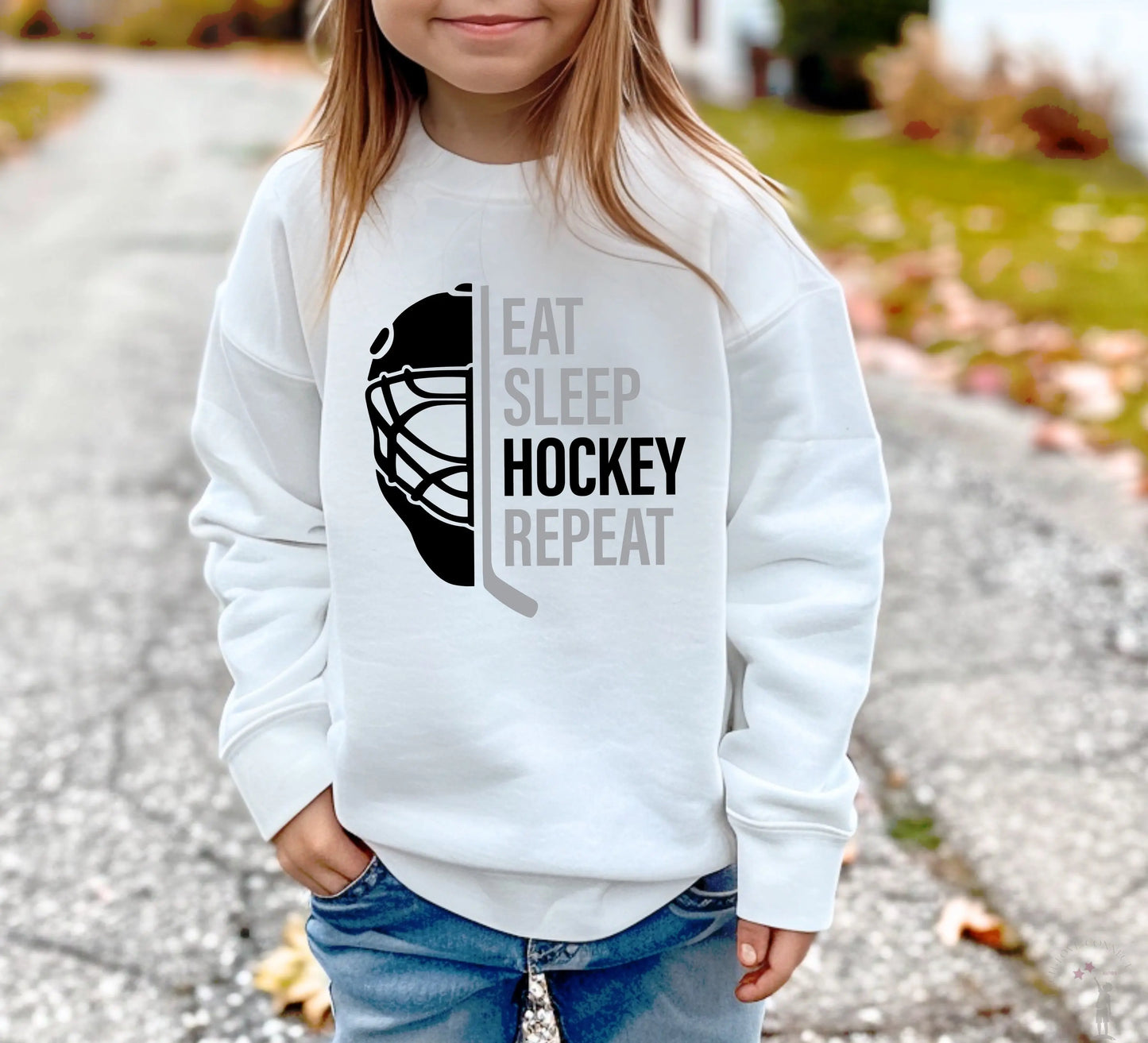 Eat Sleep Hockey Repeat Hockey T-Shirt and Sweatshirt for Kids Oakbury Designs White / Youth X-Large / Crewneck Sweatshirt