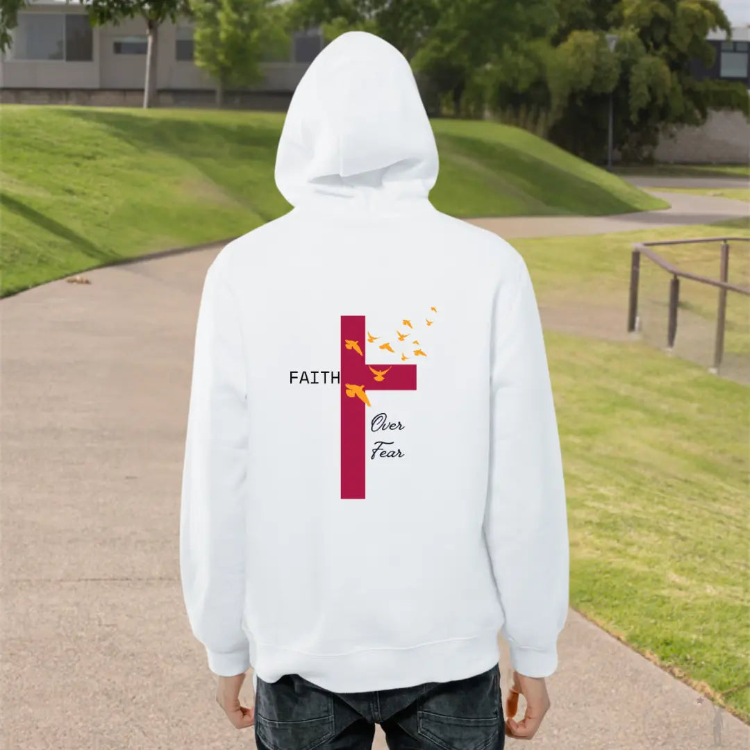 Christian apparel hoodie with Faith Over Fear lettering, unisex fit, and functional pouch pocket for casual style