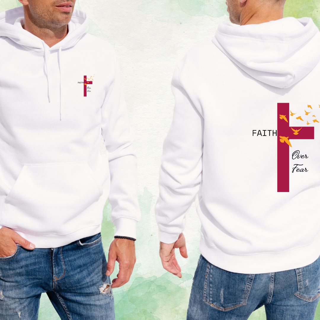 Model wearing the Faith Over Fear Hoodie from Reach Love Connect – bold Christian statement hoodie with inspiring text, symbolizing strength, trust, and spiritual courage. Boutique
