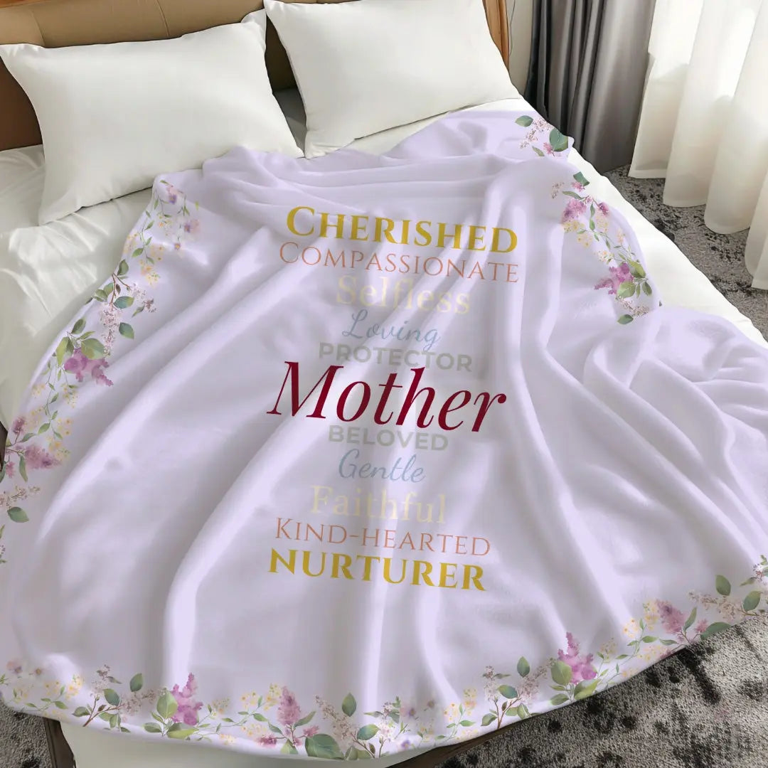 Cozy purple Mother’s Day blanket featuring heartfelt text and elegant design. Limited Edition Forever Cherished blanket by Reach Love Connect Boutique
