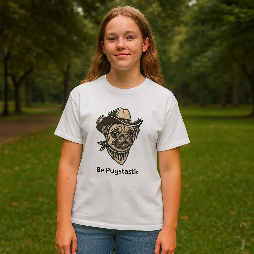 Teen girl wearing white tee wit pug graphic