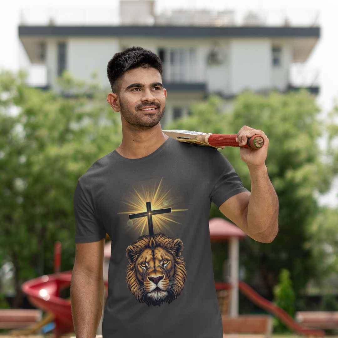 King of Kings Unisex Tee featuring a bold graphic of a lion and a cross, symbolizing strength and faith – available at Reach Love Connect Boutique