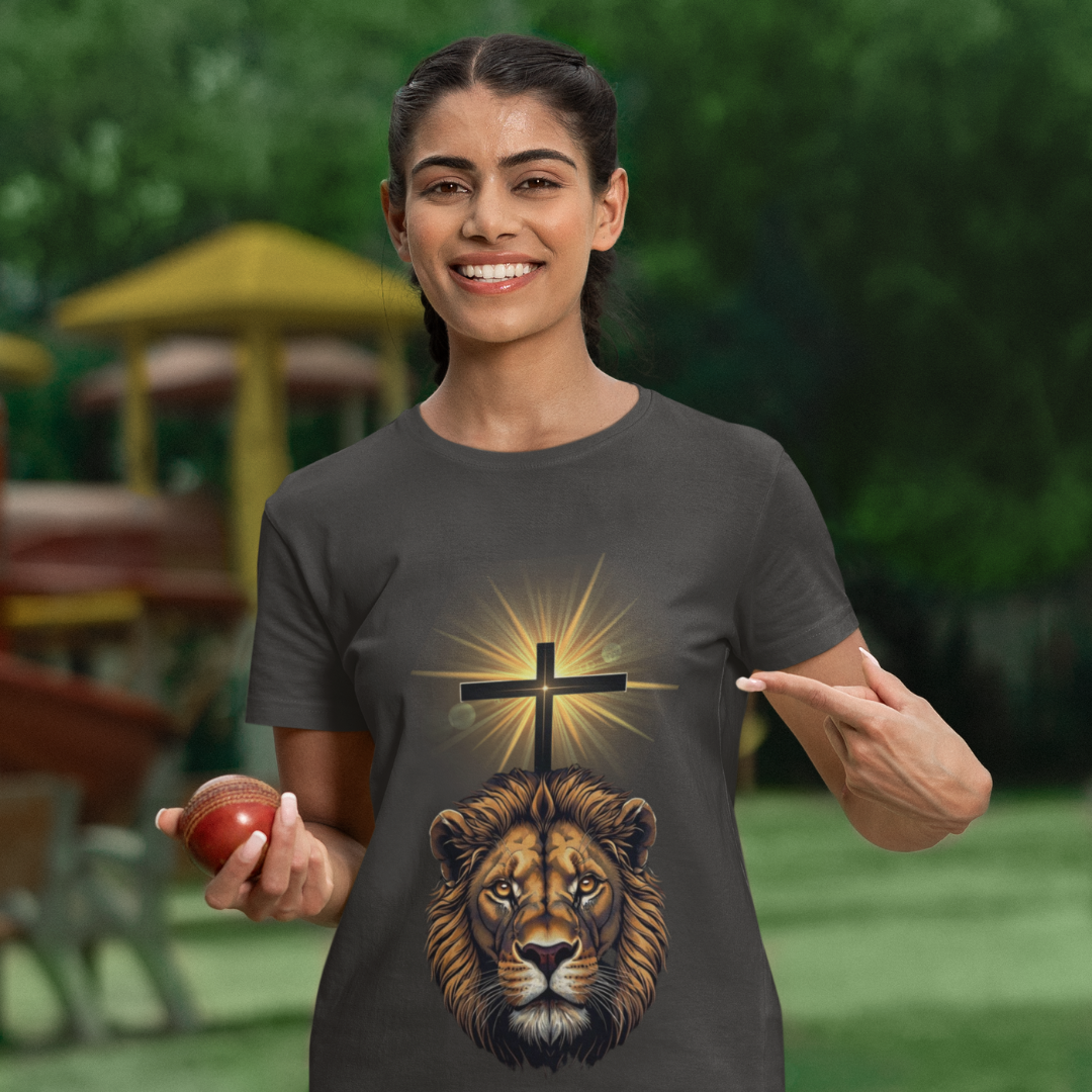 King of Kings Unisex Tee featuring a bold graphic of a lion and a cross, symbolizing strength and faith – available at Reach Love Connect Boutique