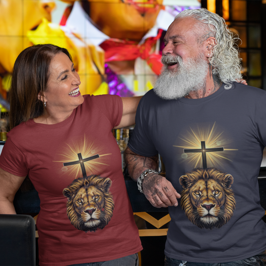 King of Kings Unisex Tee featuring a bold graphic of a lion and a cross, symbolizing strength and faith – available at Reach Love Connect Boutique
