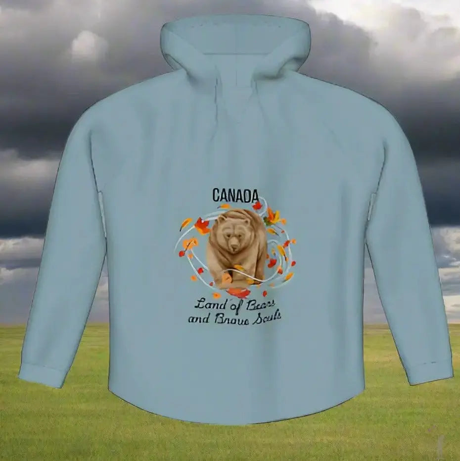 Women’s bear-inspired hoodie with raw edge finish and v-neck, celebrating Canadian wilderness adventure.
