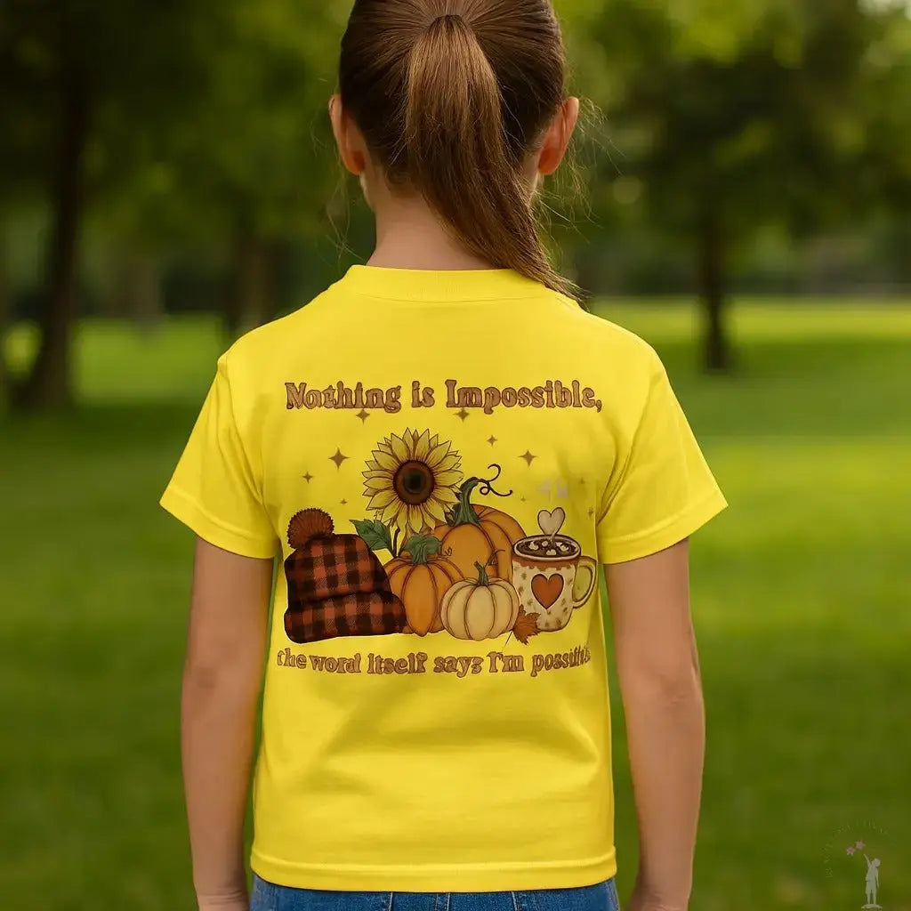 Youth wearing a yellow t-shirt with autumn-themed design and motivational quote in an outdoor setting.
