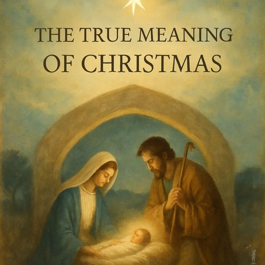 Nativity scene with Mary, Joseph, and baby Jesus under a starry sky, text 'The True Meaning of Christmas' above.