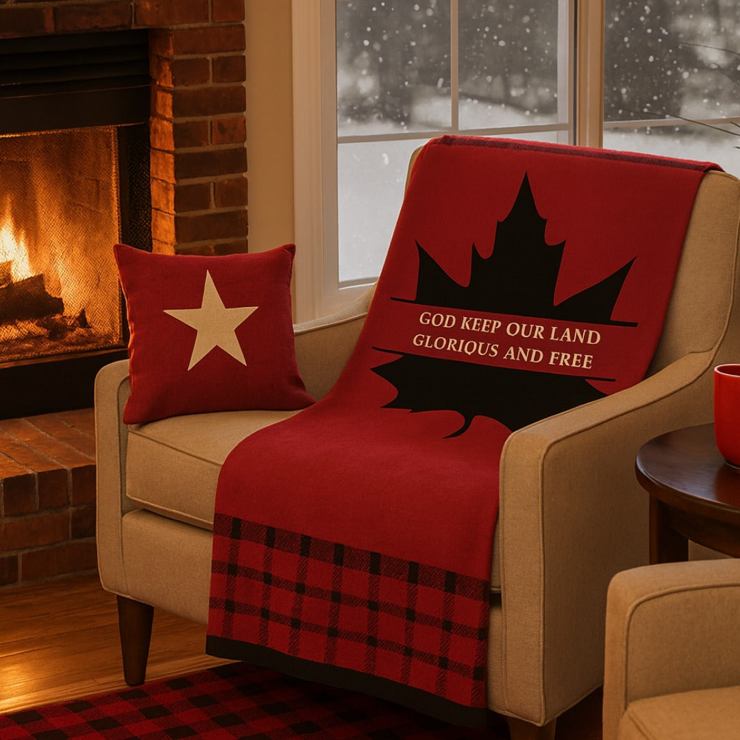 Canadian themed blanket on chair with cozy fireplace - Cozy Moments Collection Reach Love Connect Boutique