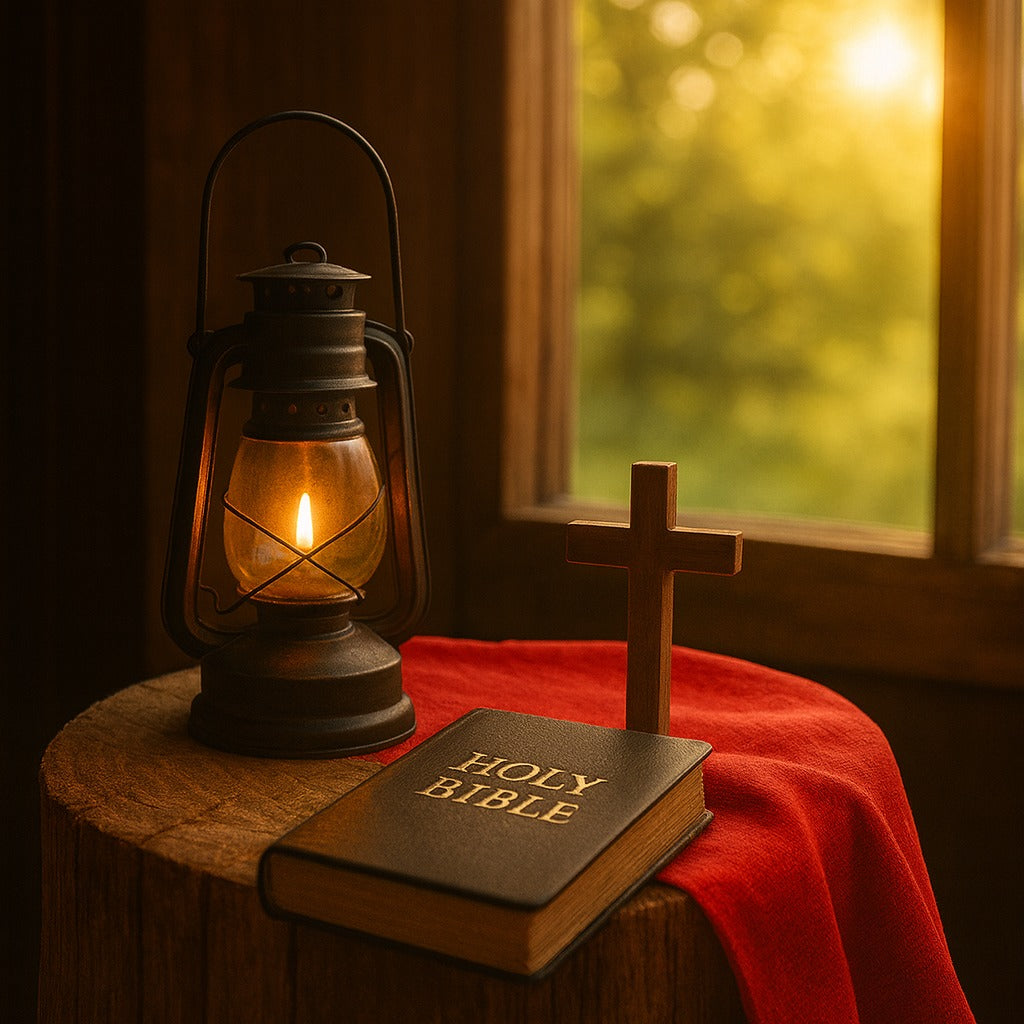 Lantern, Holy Bible, red throw, and cross on a table with a window in the background