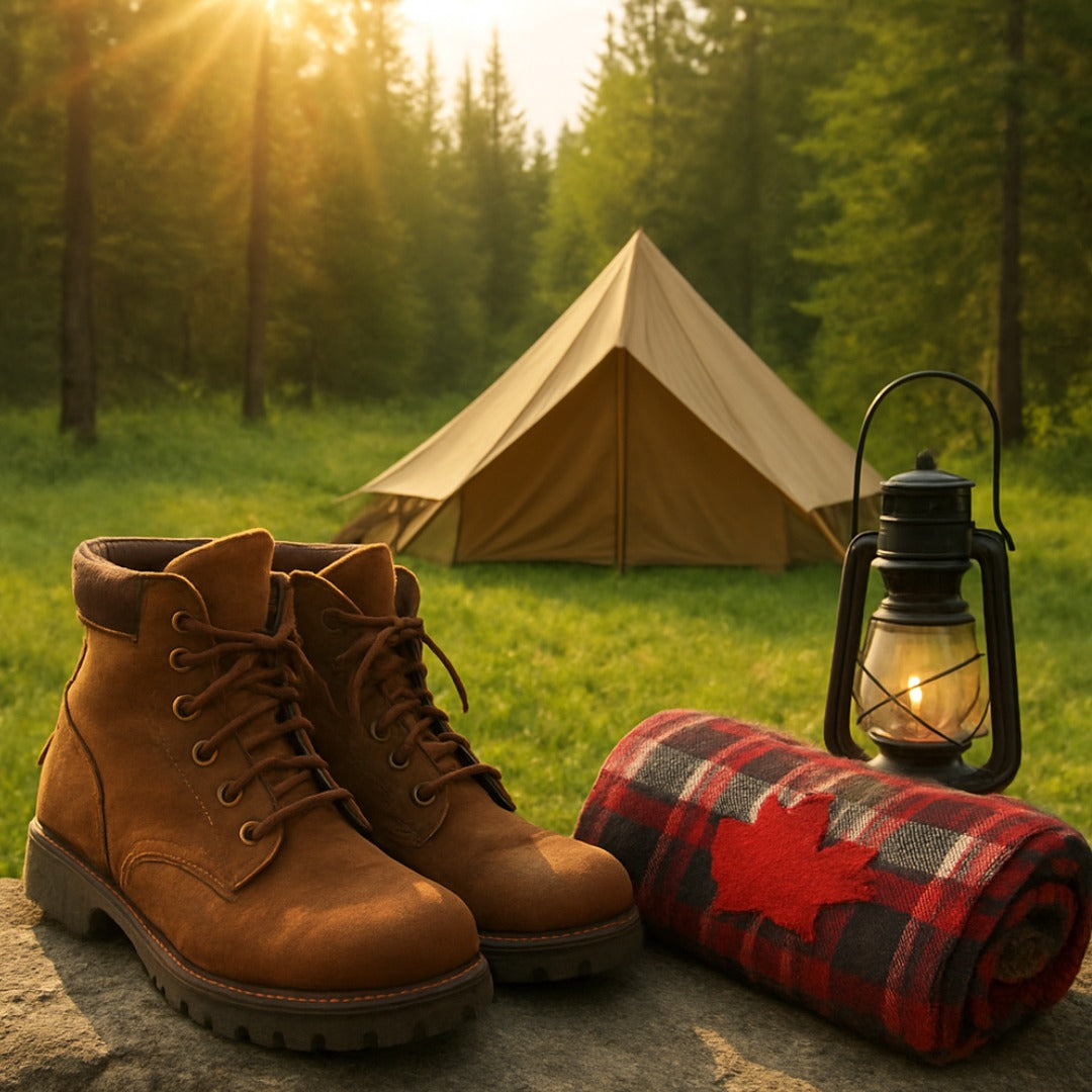 Tent, boots, and Canadian blanket in summer setting