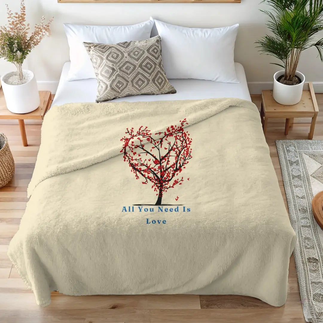 All You Need Is Love fleece blanket folded on couch, soft pink heart design.
