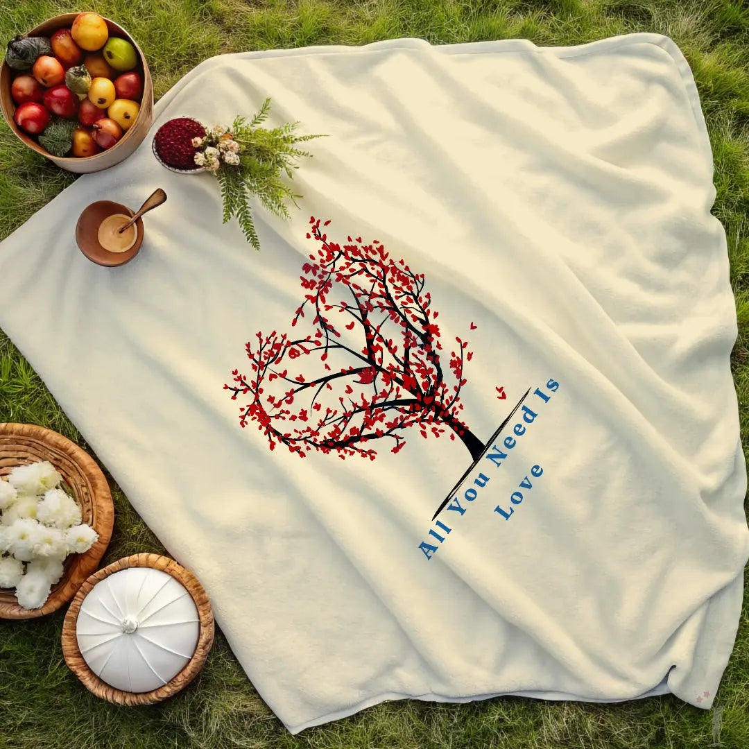 Couple sharing the All You Need Is Love cozy Valentine’s Day blanket outdoors on picnic