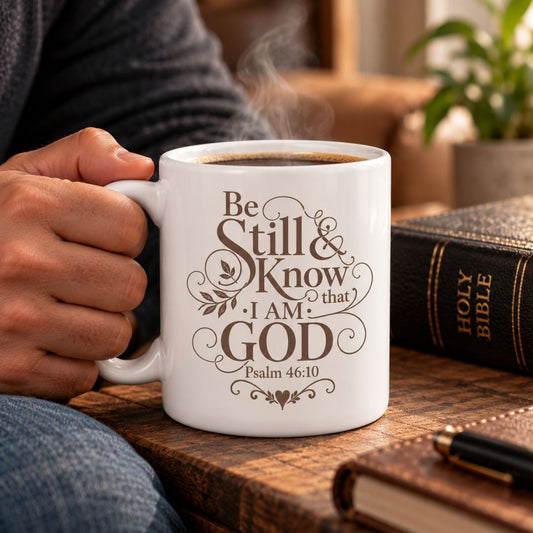 Man holding cup of Coffe Be Still and Know Sripture on 15 oz mug