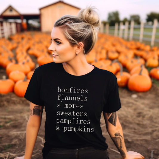 Bonfires and flannels t-shirt casual fall graphic front view