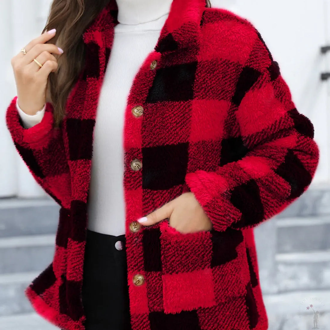 Women’s fuzzy outerwear relaxed fit side view