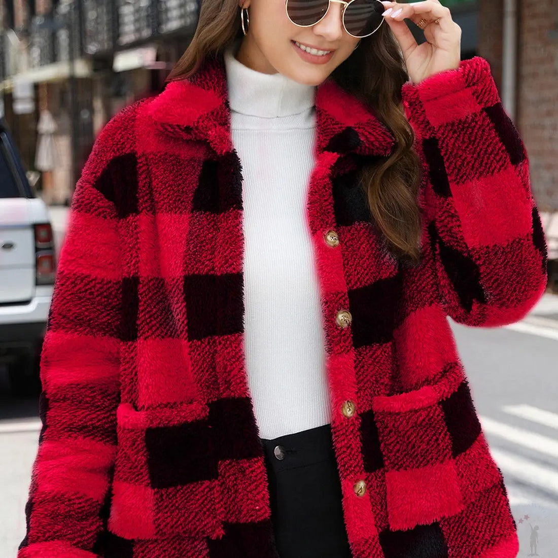 Button up drop shoulder women’s fuzzy outerwear front view