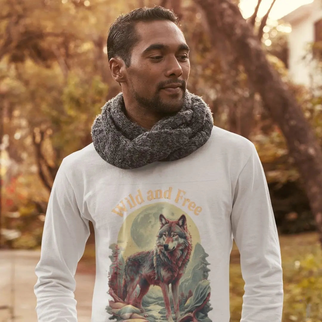 White Canada Wild and Free long-sleeve T-shirt with nature-inspired design, unisex fit, and cozy cotton fabric.