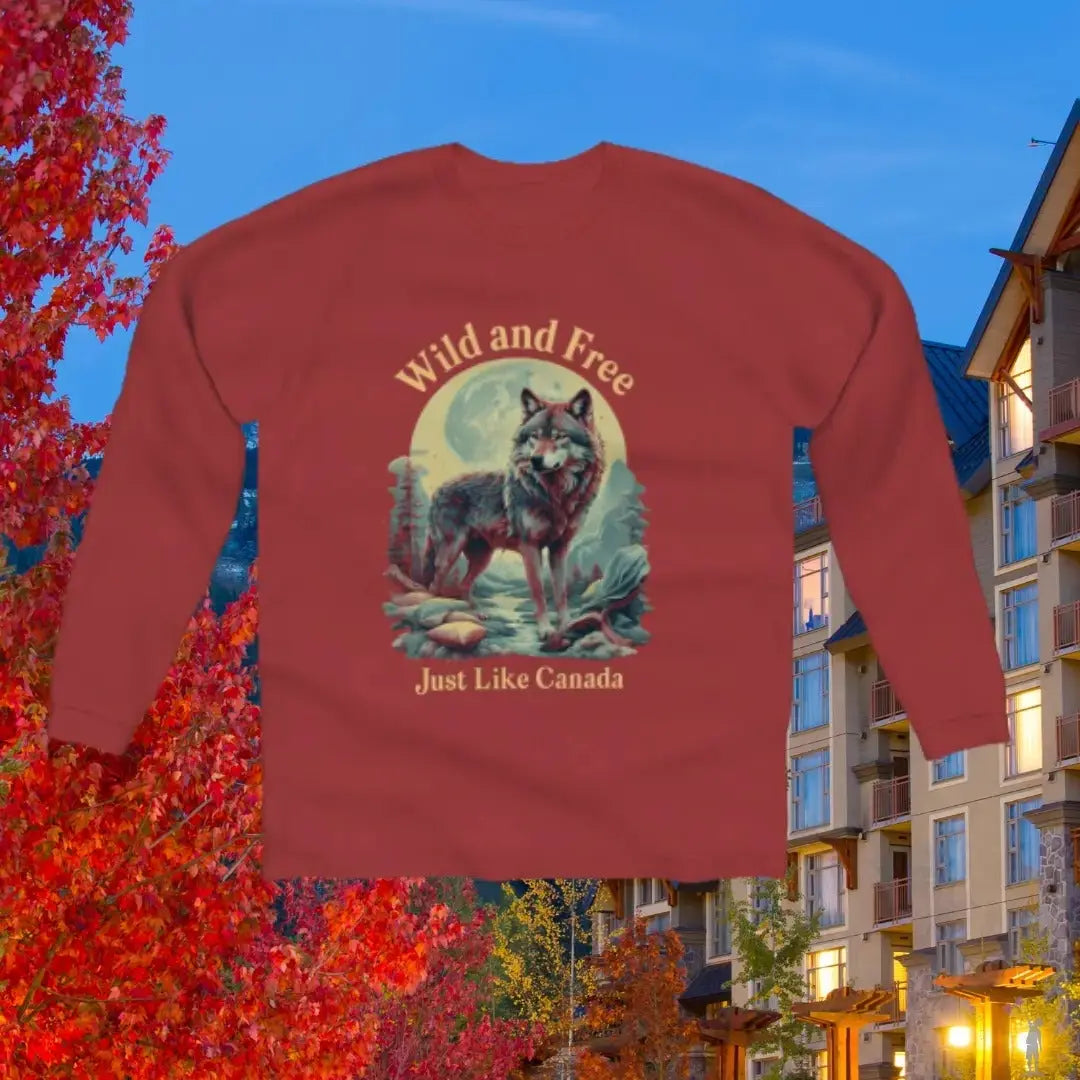 Red Unisex Canada Wild and Free shirt featuring Canadian wilderness graphics, perfect for outdoor adventures or casual wear.