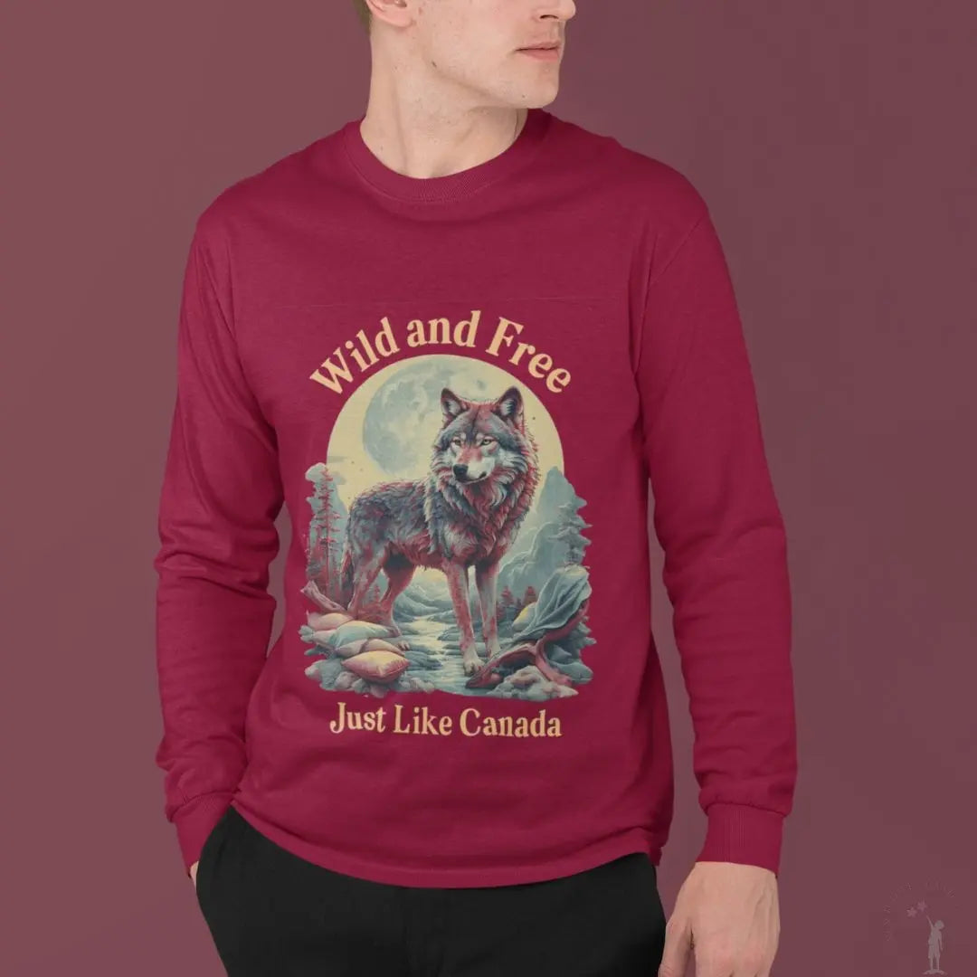 Red Unisex Canada Wild and Free shirt featuring Canadian wilderness graphics, perfect for outdoor adventures or casual wear.