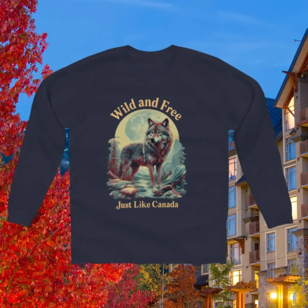 Blue Long-sleeve T-shirt showcasing Canada Wild and Free design, lightweight, comfortable, and suitable for men and women.