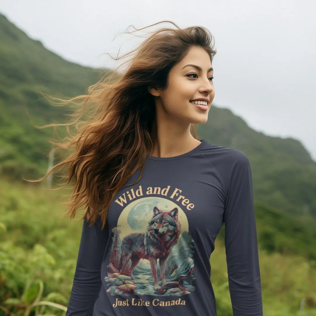 Blue Long-sleeve T-shirt showcasing Canada Wild and Free design, lightweight, comfortable, and suitable for men and women.
