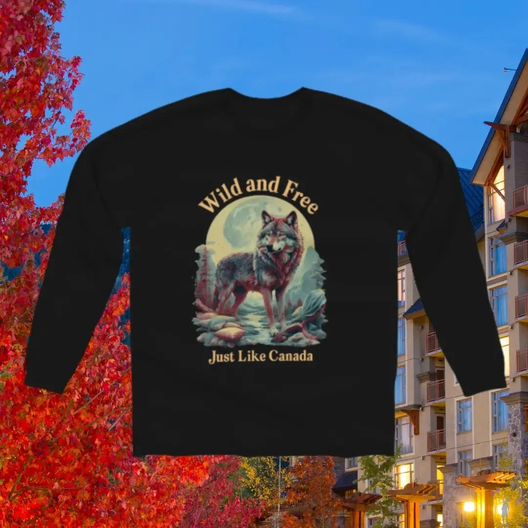Black Canada Wild and Free graphic tee with crewneck style, soft cotton material, and relaxed unisex fit for everyday wear.