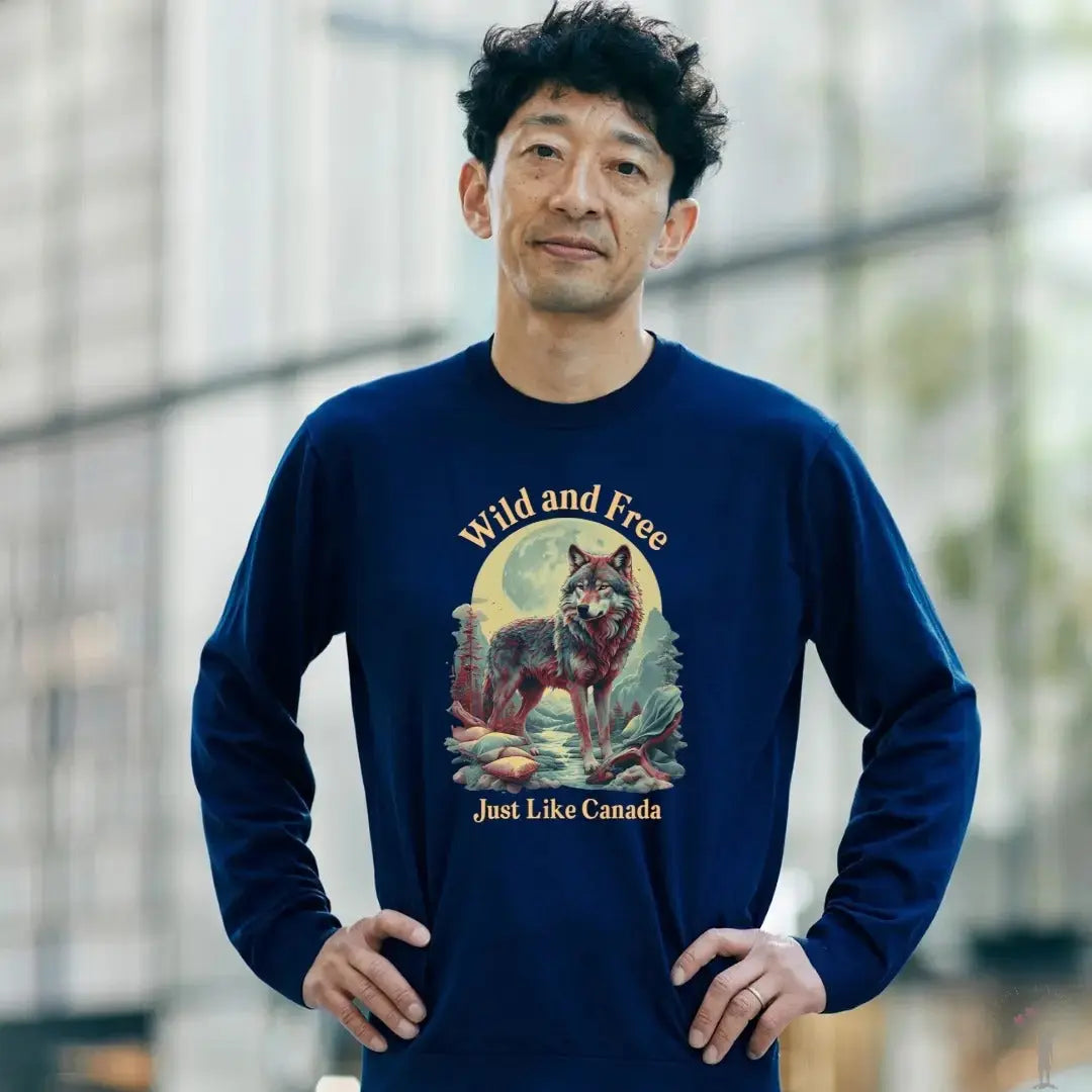 Stylish long-sleeve shirt with Canada Wild and Free print, celebrating the beauty and freedom of Canada’s outdoors.