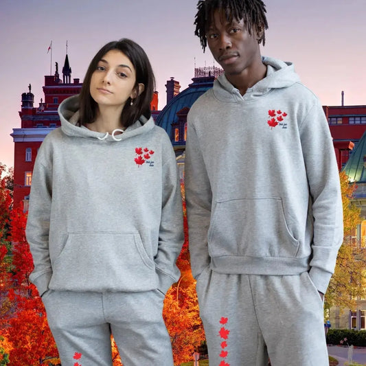 Comfortable Canada joggers in unisex fit, soft cotton-poly blend, with bold patriotic design made proudly in Canada