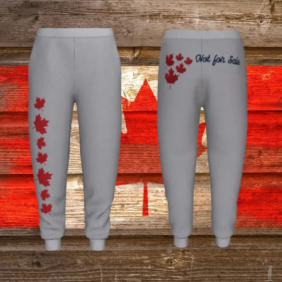Premium Canadian joggers featuring patriotic design on grey fabric, made from heavy fleece with vibrant and long-lasting DTF print