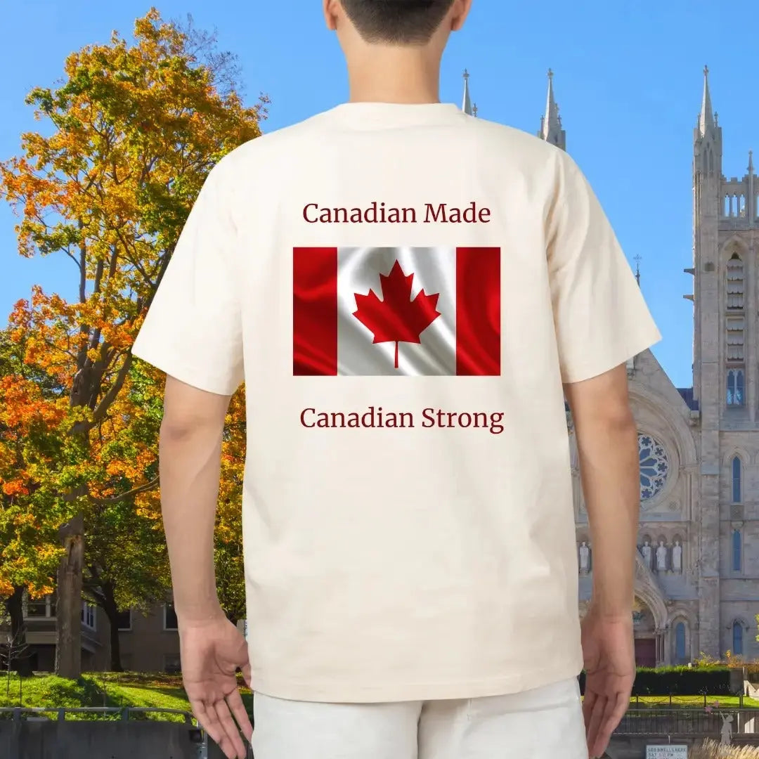 Canadian Made Strong tee showcasing national pride, unisex fit, and medium-weight cotton comfort.