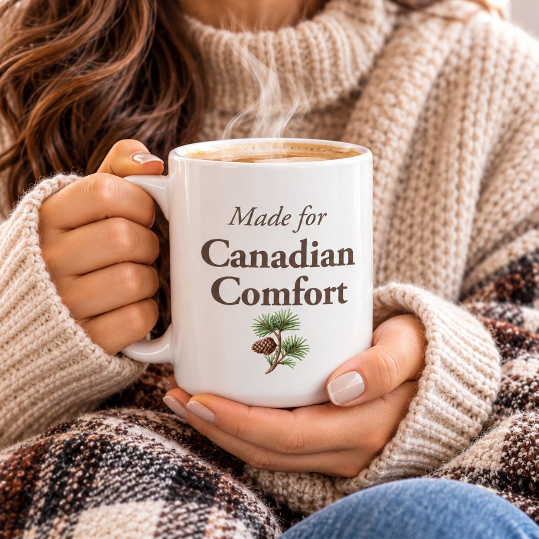Woman drinking from Made for Canadian Comfort Mug