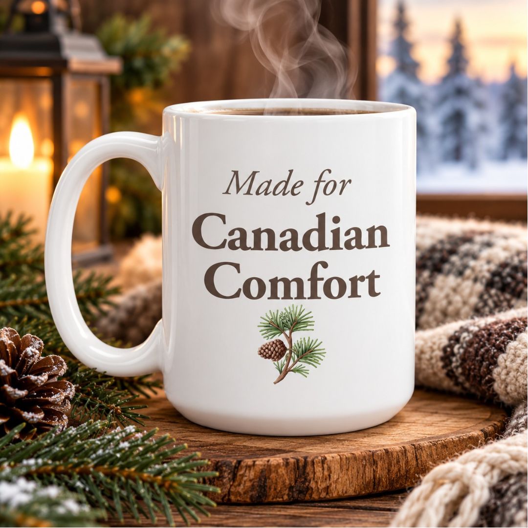 Made for Canadian Comfort White 15 oz mug with hot coffee