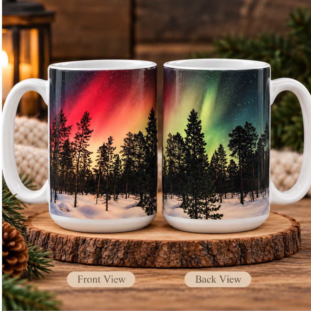 Northern Lights 15 oz mug front and back view