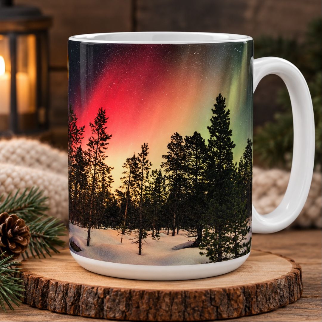 Northern Lights mug front view full wrap 15 oz