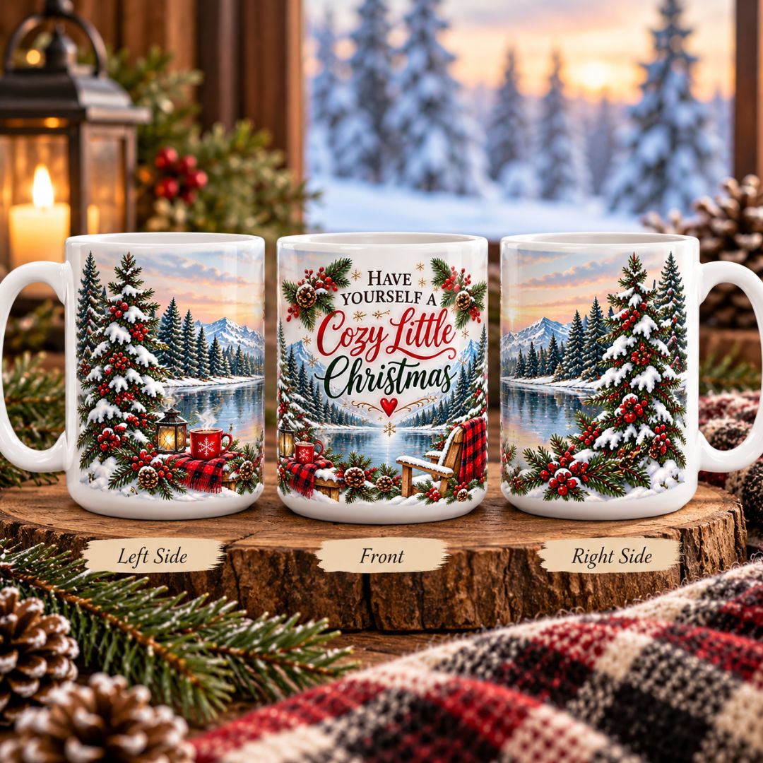 Cozy Little Christmas Mug front and side views before winter scene