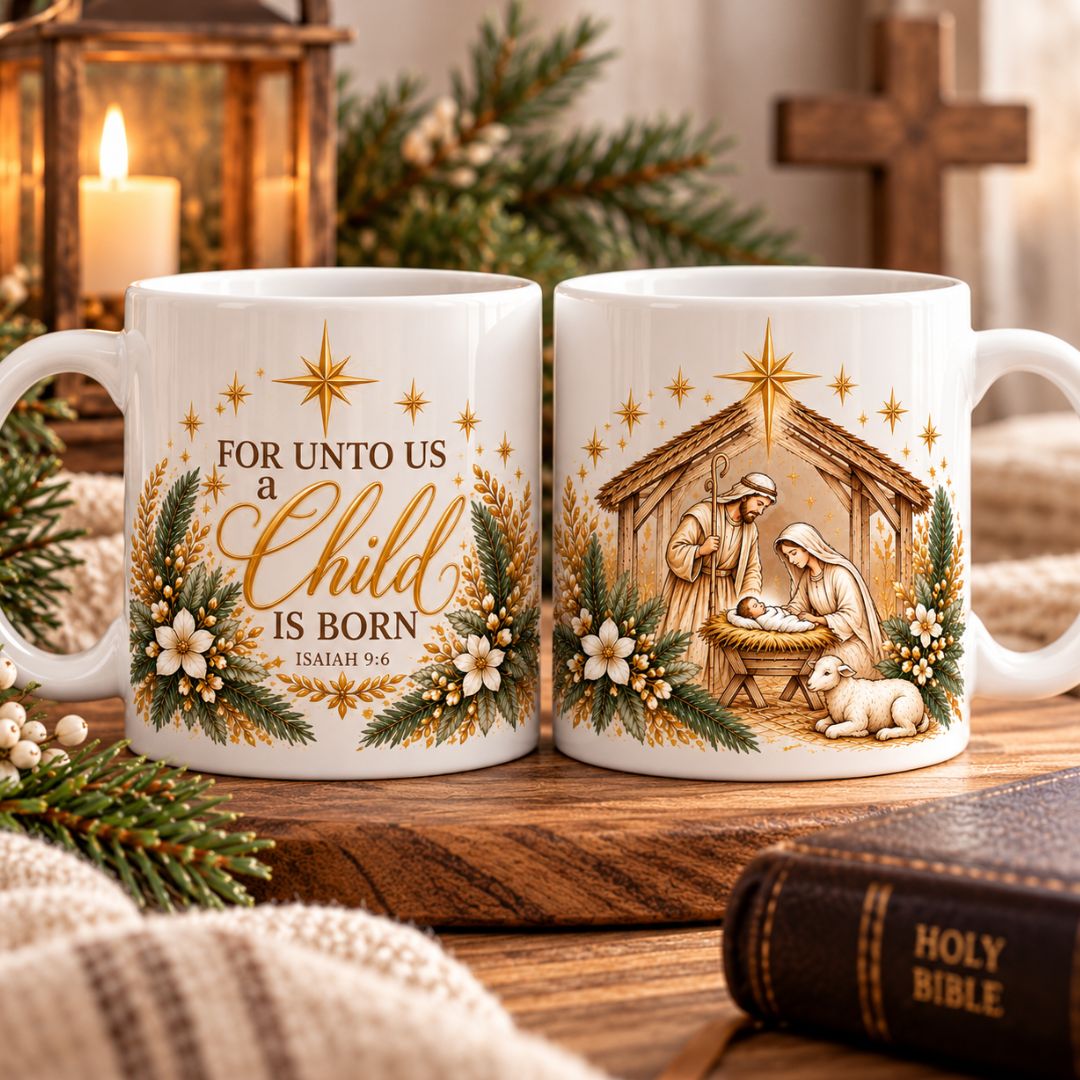Christmas themed  Birth of Jesus Mug front and back view