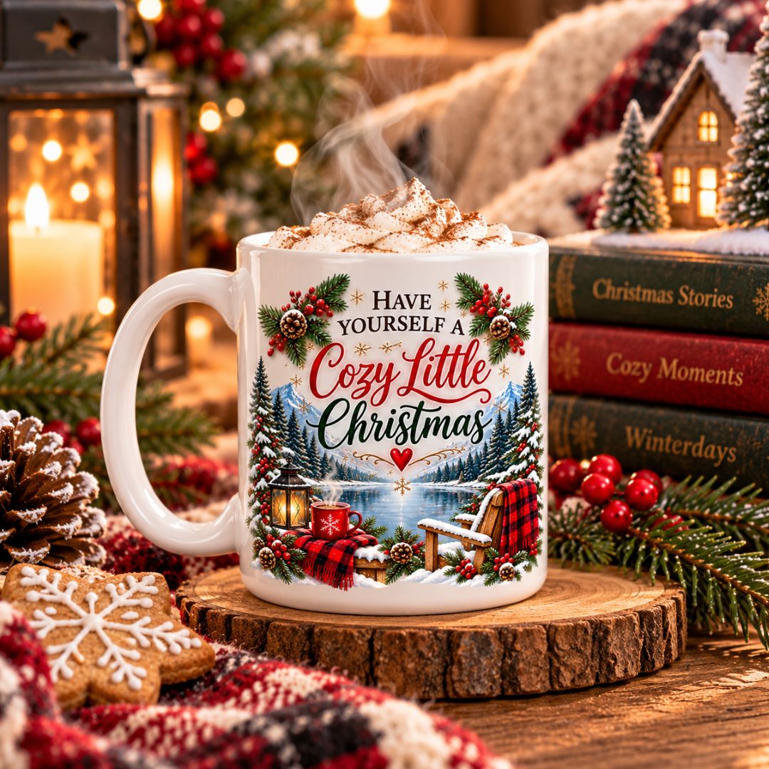 Cozy Little Christmas Mug with cookies and books, hot chocolate