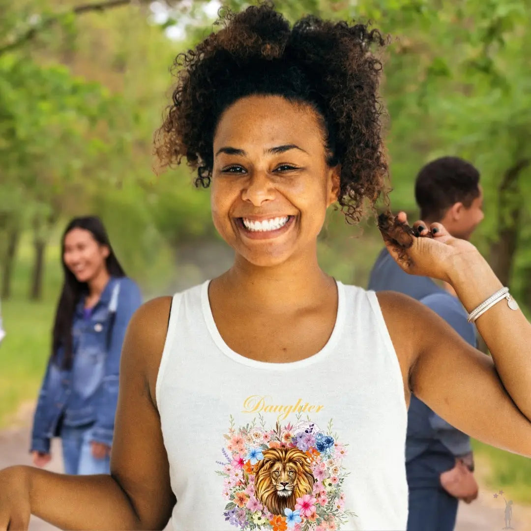 Empowered by Faith women’s tank top with gathered back hem, soft polycotton fabric, and flattering fit