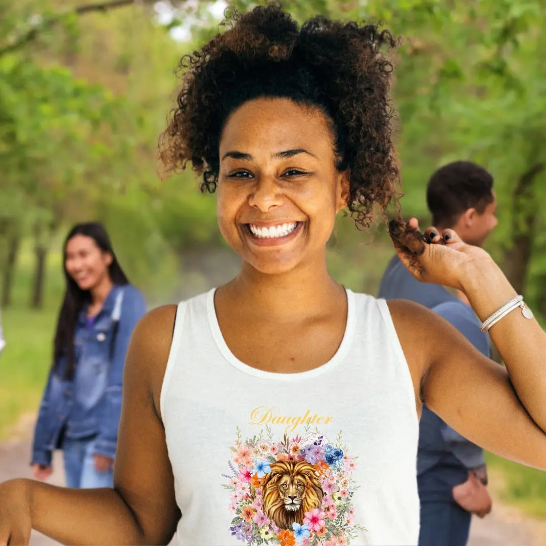 Empowered by Faith women’s tank top with gathered back hem, soft polycotton fabric, and flattering fit