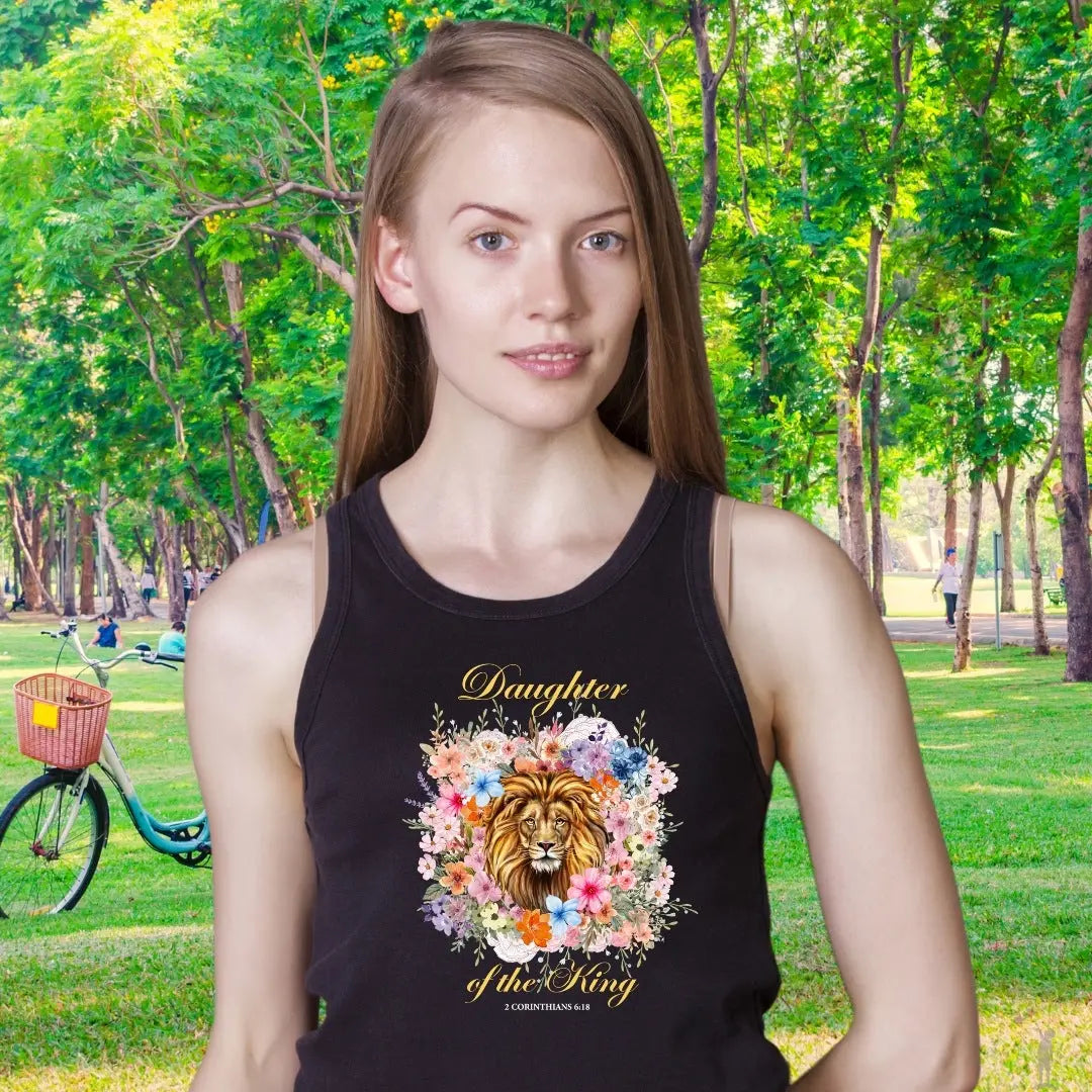 Slim fit women’s tank top in black featuring Lion surrounded by floweres and inspirational text, lightweight racerback style for comfort