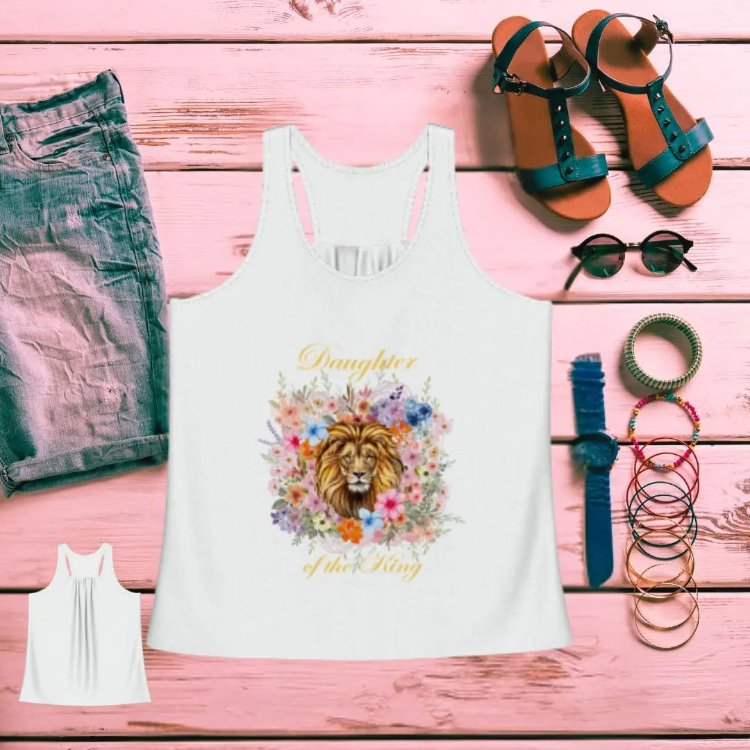 White Daughter of the King Tank Top for women, faith-inspired design, slim racerback fit, and soft polycotton fabric