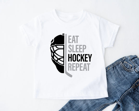 Eat Sleep Hockey Repeat Hockey T-Shirt and Sweatshirt for Kids Oakbury Designs White / Youth X-Large / T-Shirt