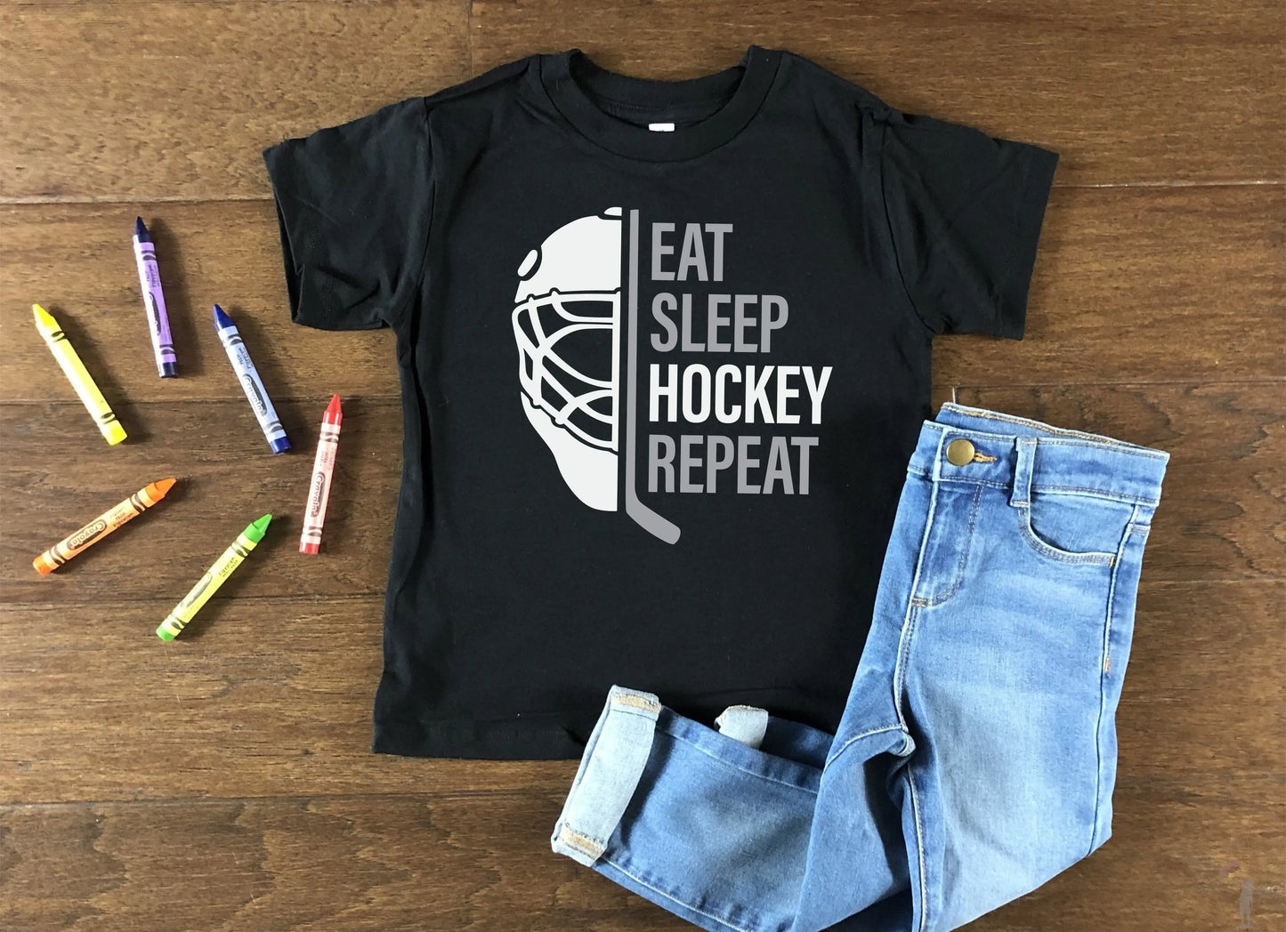 Eat Sleep Hockey Repeat Hockey T-Shirt and Sweatshirt for Kids Oakbury Designs Black / Youth X-Large / T-Shirt