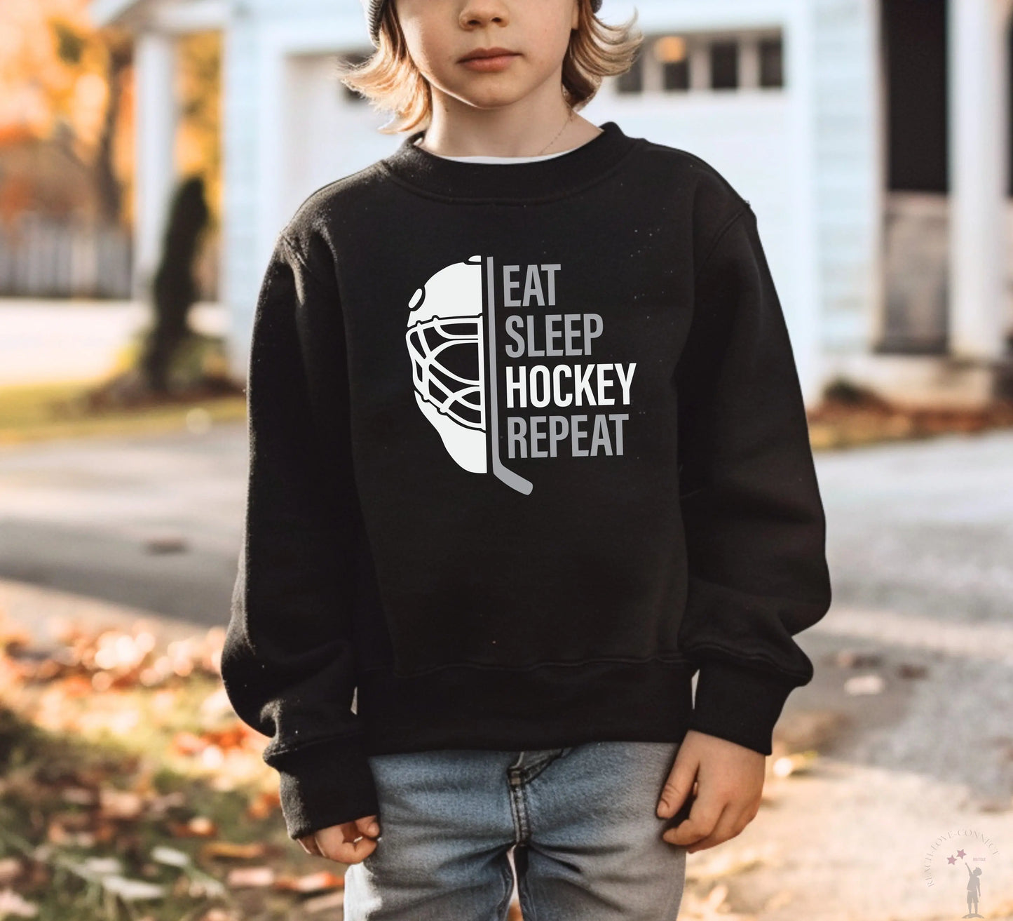 Eat Sleep Hockey Repeat Hockey T-Shirt and Sweatshirt for Kids Oakbury Designs Black / Youth X-Large / Crewneck Sweatshirt